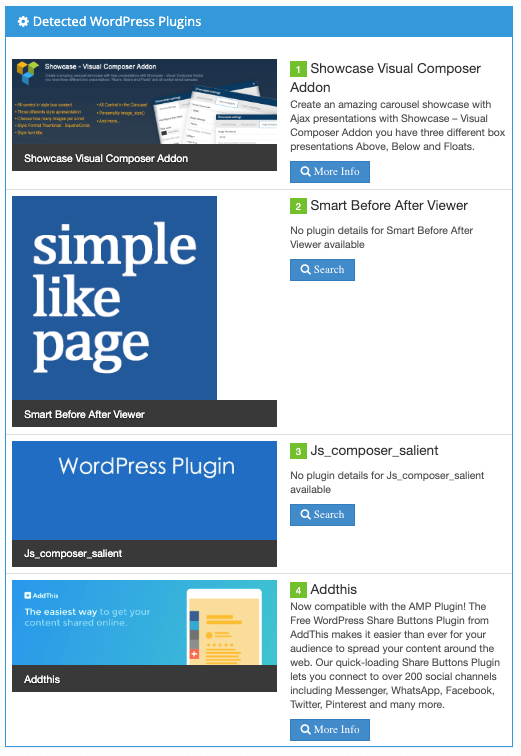 screenshot of whatwpthemeisthat.com, showing installed plugins