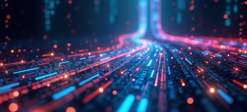 Abstract tech illustration shows data flow. Digital data stream moves across dark surface. Lines of glowing light, transmit information. Dynamic network connectivity. Modern tech background.