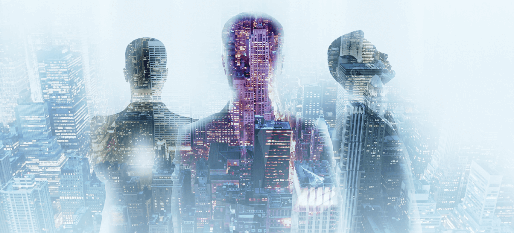 three businessmen on night city background double