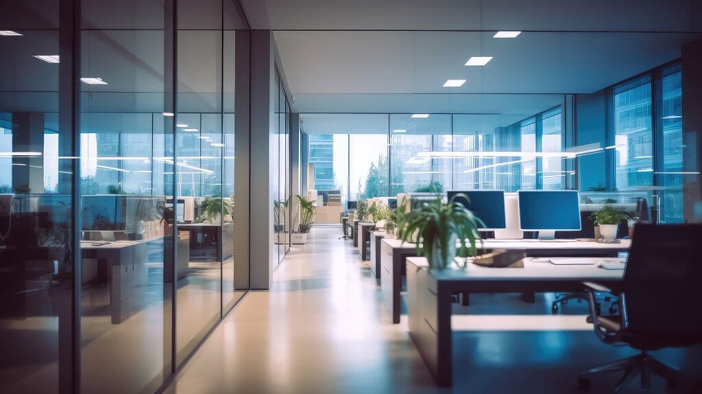 A modern corporate office featuring glass-walled meeting rooms, clean workstations with computer monitors, indoor plants, and natural daylight. The space conveys a professional, organized, and collaborative work environment suitable for enterprise operations and business technology content.